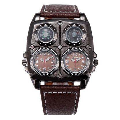 Oulm Men’s Two Time Zone Army Pilot Watch — Large Military Quartz Leather Strap Wristwatch