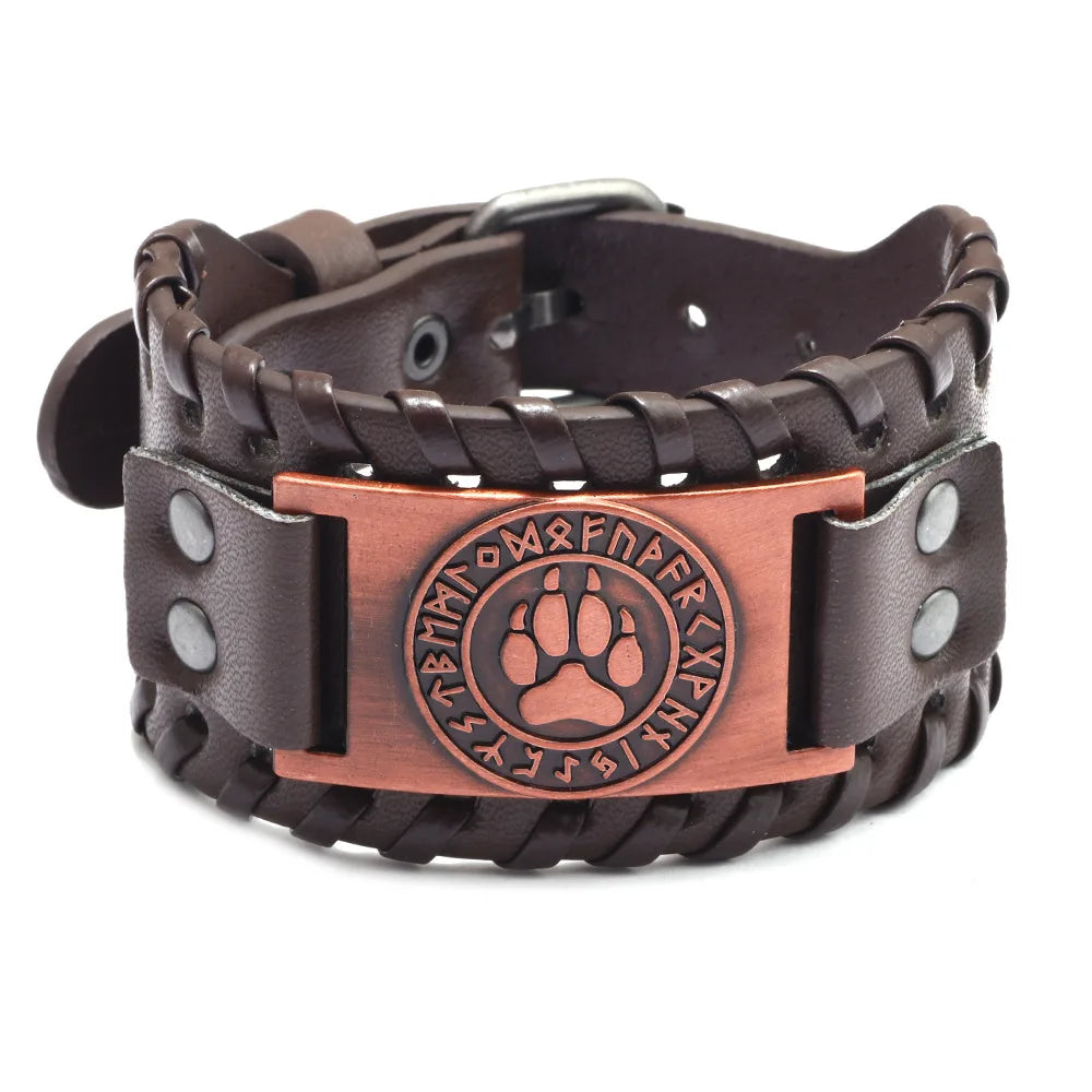 Totem Design Wide Leather Pirate Compass Bracelet - Men's Celtic Viking Jewelry, Party Gift Accessories