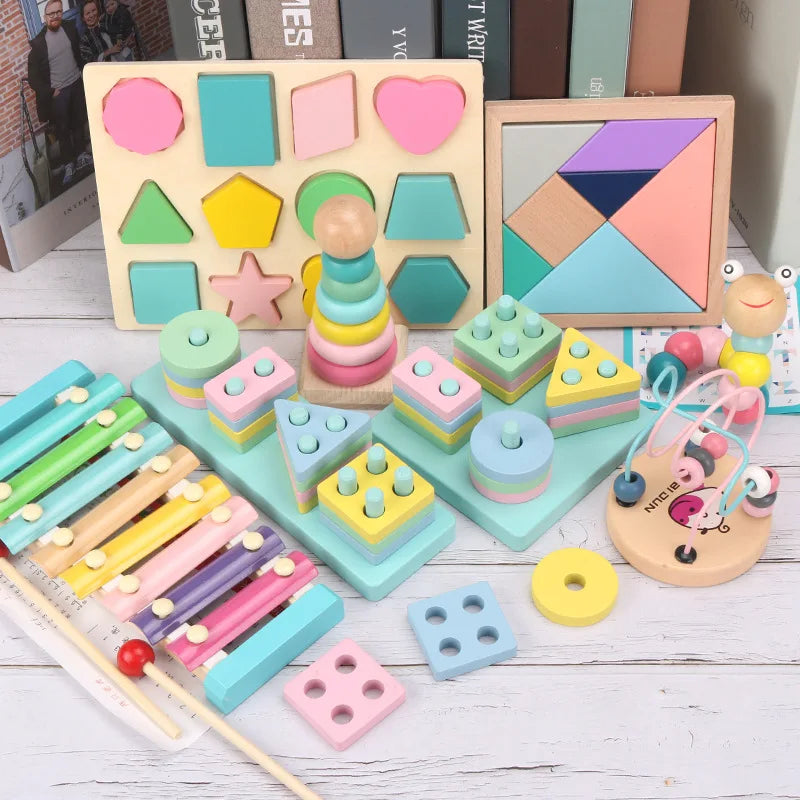 Hot Kids Montessori Wooden Toys – Macaron Blocks Learning Set, Baby Music Rattles & Colorful Educational Blocks