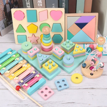 Hot Kids Montessori Wooden Toys – Macaron Blocks Learning Set, Baby Music Rattles & Colorful Educational Blocks