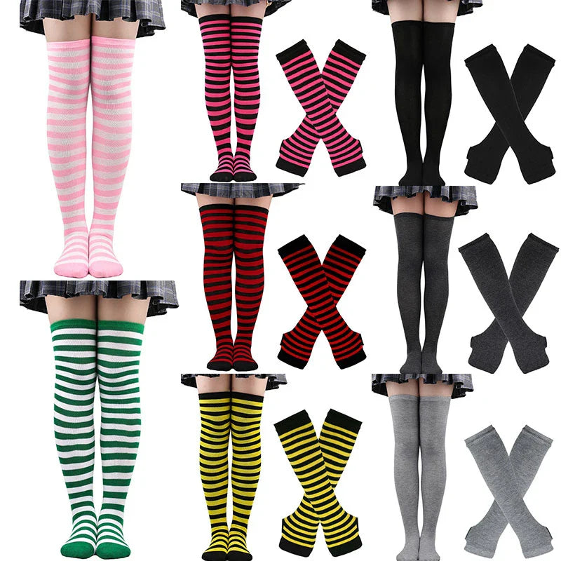Women's Girls Over Knee Long Stripe Printed Thigh High Cotton Socks - Sweet Cute Plus Size Overknee Socks and Arm Sleeve Gloves