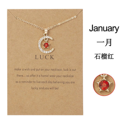 Fashion Birthstone Moon & Star Crystal Pendant Necklace – Women’s Clavicle Chain Choker Jewelry Gift for Parties & Birthdays