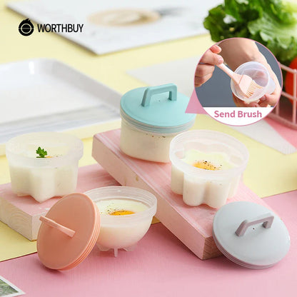 WORTHBUY 4 Pcs Cute Egg Cooker Tools Set - Plastic Egg Boiler Poacher with Brush for Kid-Friendly Baking, Egg Mold Maker, and Kitchen Accessories