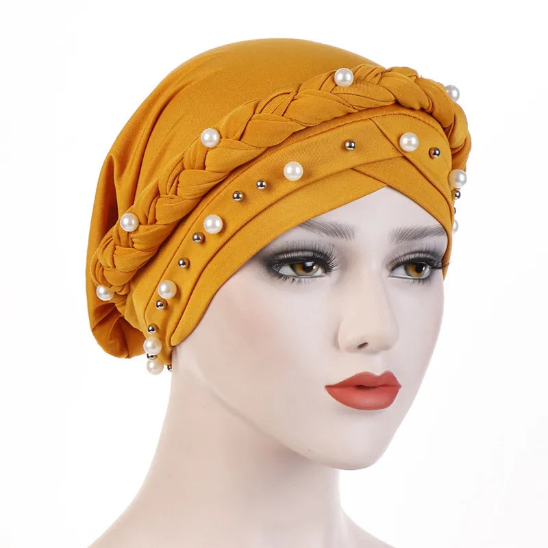 Women’s Cotton Head Scarf – Solid Turban Bonnet Hijab Cap with White Pearl Inner, Muslim Arab Wrap