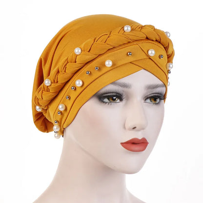 Women’s Cotton Head Scarf – Solid Turban Bonnet Hijab Cap with White Pearl Inner, Muslim Arab Wrap