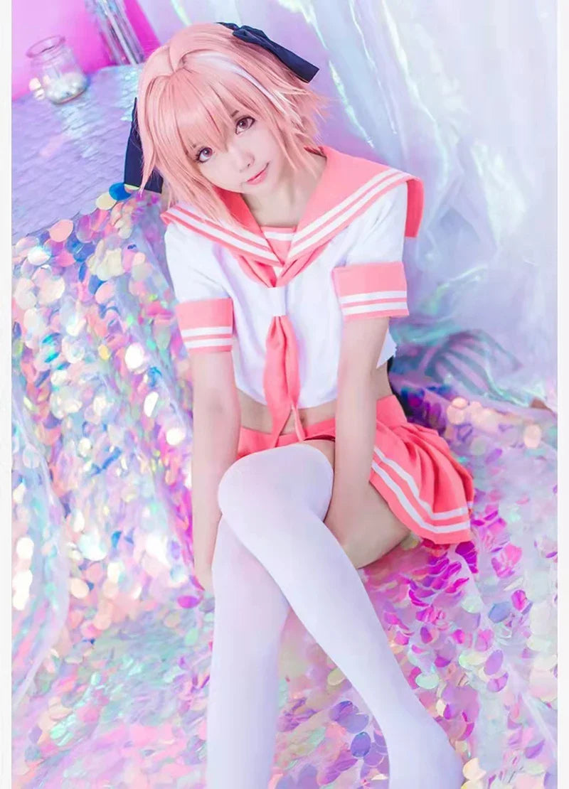 Fate Grand Order Astolfo Cosplay Costume – Fate Apocrypha Rider JK Uniform Sailor Suit Skirt for Women, Halloween