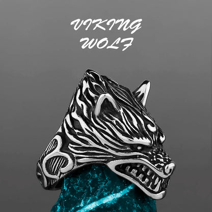 Nordic Viking Stainless Steel Ring - Compass Tree of Life Rune Wolf Amulet Jewelry for Men & Women