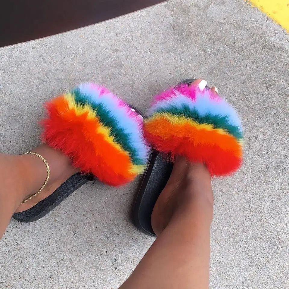 Girls’ Luxury Fluffy Fur Slippers – Warm Plush Indoor Flip Flop Slides for Women, New Arrival