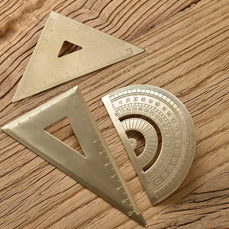 Vintage Brass Straight Ruler — Metal Triangle Protractor Measuring Tool for Students