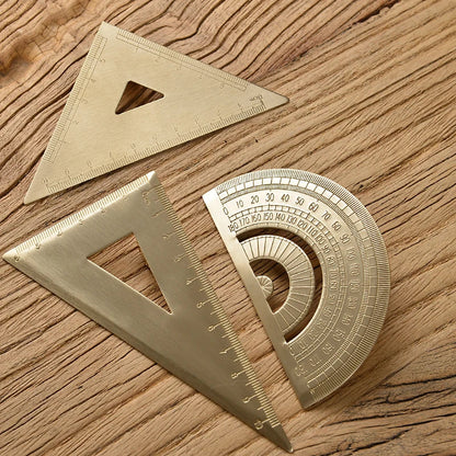 Vintage Brass Straight Ruler — Metal Triangle Protractor Measuring Tool for Students