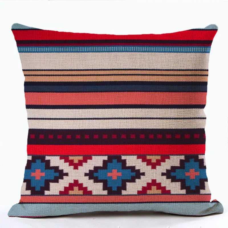 Bohemian Linen Cushion Cover – Multicolor Ethnic Geometric Pattern Decorative Pillow for Living Room Sofa