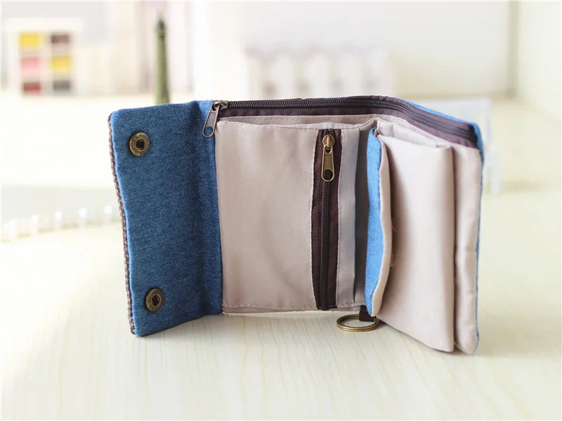 Handmade Three-Fold Fabric Wallet — Short Zipper Purse for Women & Men, Multi-Function Card & Key Holder for Teens
