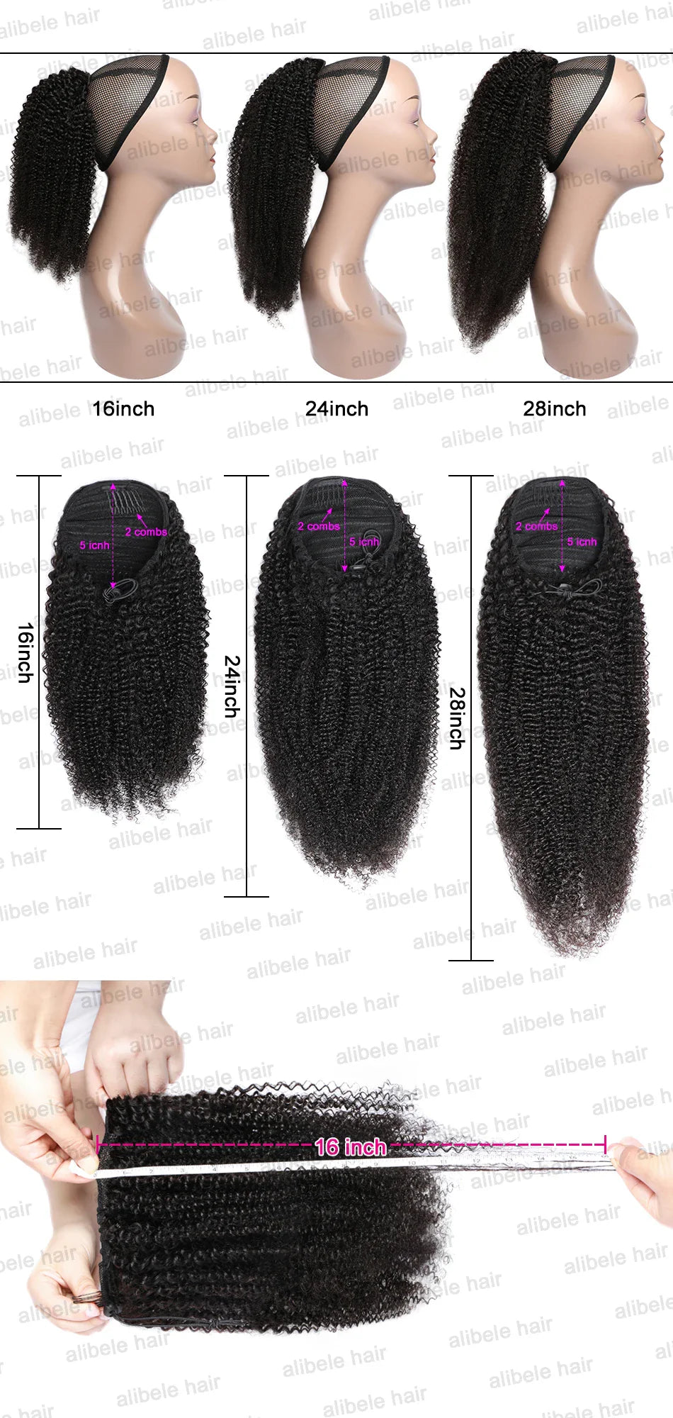Alibele Mongolian Afro Kinky Curly Drawstring Ponytail – 4B/4C Remy Human Hair Extensions 10-28 Inch Clip-In