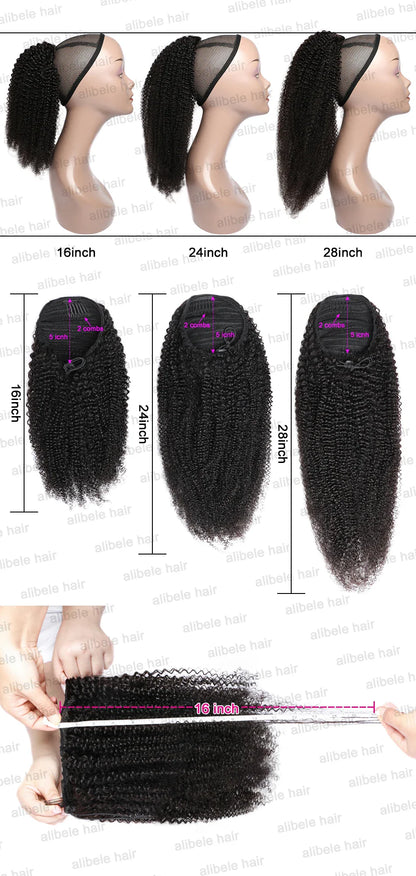 Alibele Mongolian Afro Kinky Curly Drawstring Ponytail – 4B/4C Remy Human Hair Extensions 10-28 Inch Clip-In