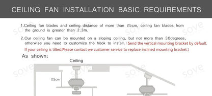SOVE Modern Black & White Low Floor Ceiling Fan – 30W DC Motor with Remote Control, No Light, 220V