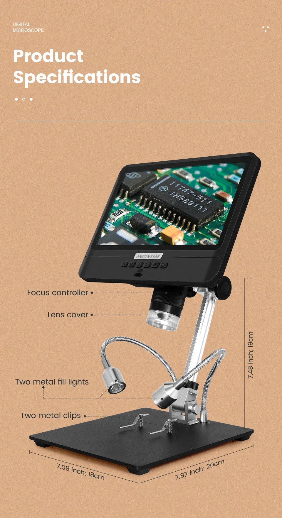 Andonstar AD208 Digital Microscope – 8.5" Adjustable LCD, 1080P HD, Black, Soldering Tool
