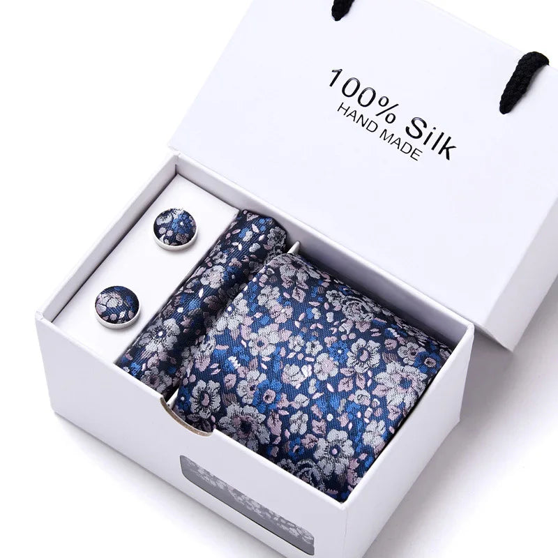 100% Silk Men’s Tie Gift Set - Classic 7.5cm Striped Floral Necktie with Handkerchief for Office, Party & Wedding Formal Wear