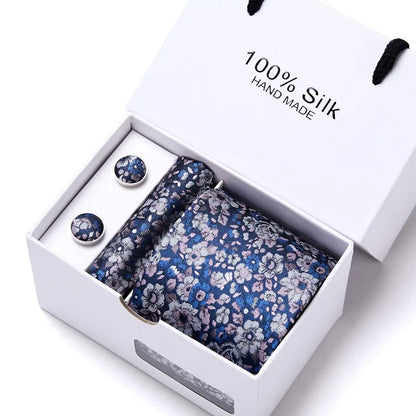 100% Silk Men’s Tie Gift Set - Classic 7.5cm Striped Floral Necktie with Handkerchief for Office, Party & Wedding Formal Wear