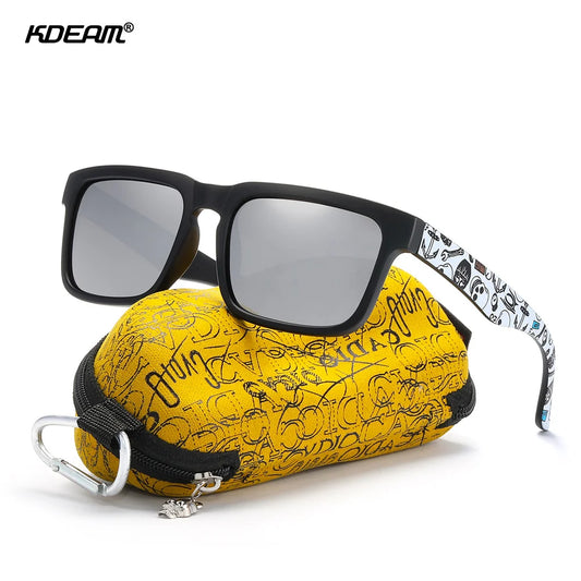 KDEAM Polarized Men’s Sunglasses – Matte Black Frame with Painting Temples & Protective Case