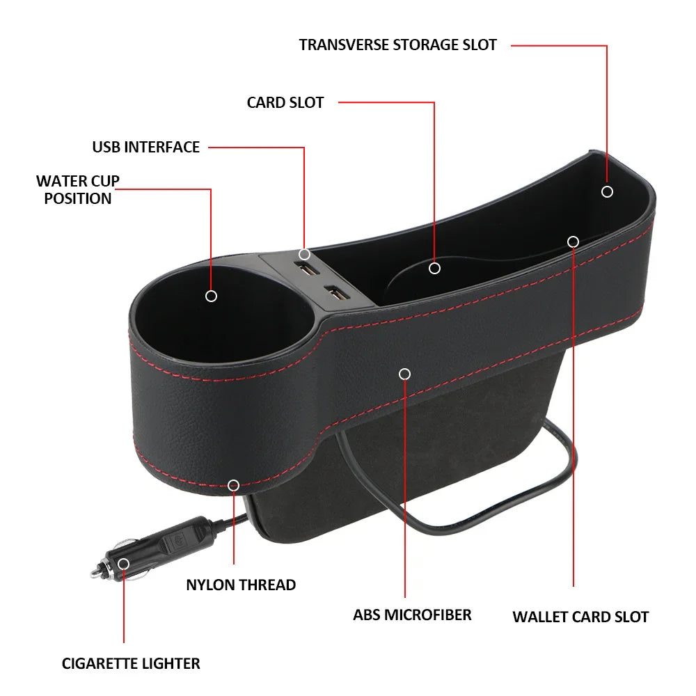 Car Seat Gap Organizer – Leather Auto Crevice Storage Box with Cup & Phone Holder, USB Option