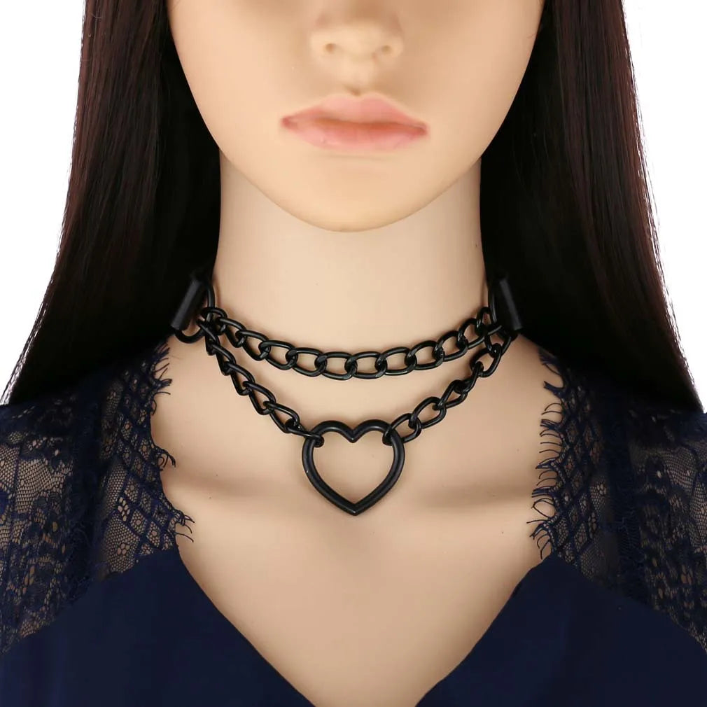 Vintage Heart Necklace Choker – Goth Collar with Chain, Grunge Punk, Cute Kawaii Egirl Harajuku Accessories for Girls