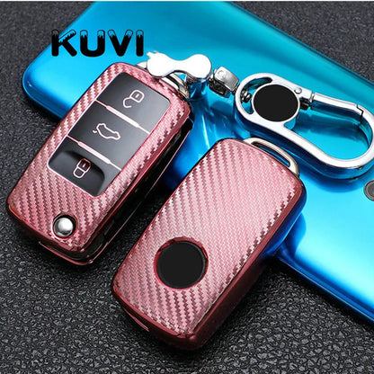 TPU Carbon Fiber Car Key Case Cover for VW & Skoda – Fits Polo, Tiguan, Passat B5 B6 B7, Golf 4 5 6 MK6, Jetta, Lavida, Octavia