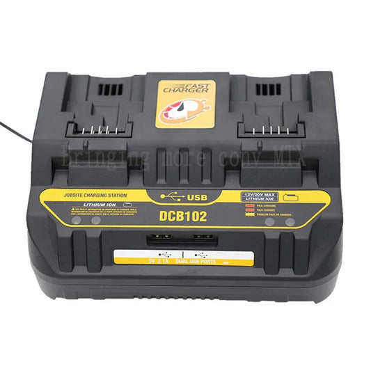 Fast Charging DCB102 Li-ion Battery Charger - For DeWalt 12V, 14.4V, 18V, 20V with USB Port & Dual Charging Position