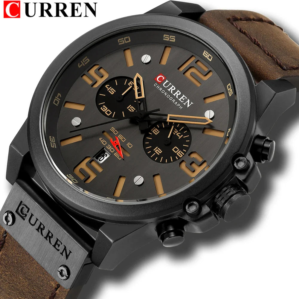 CURREN Men's Luxury Waterproof Sport Watch – Chronograph Quartz Military Wristwatch with Genuine Leather Strap