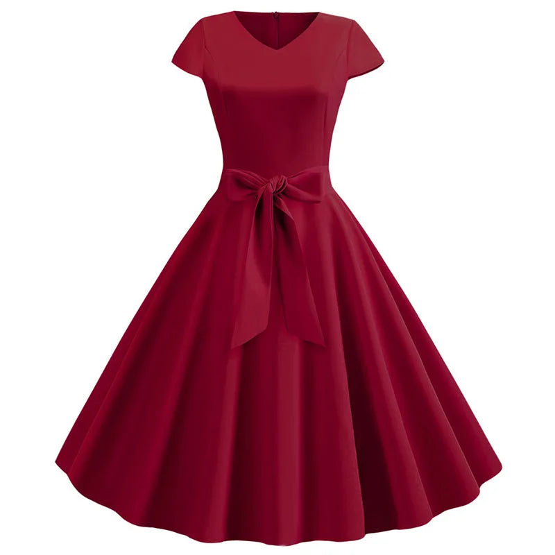 Women Vintage Summer Dress - V Neck Short Sleeve Swing Party Dress With Belt