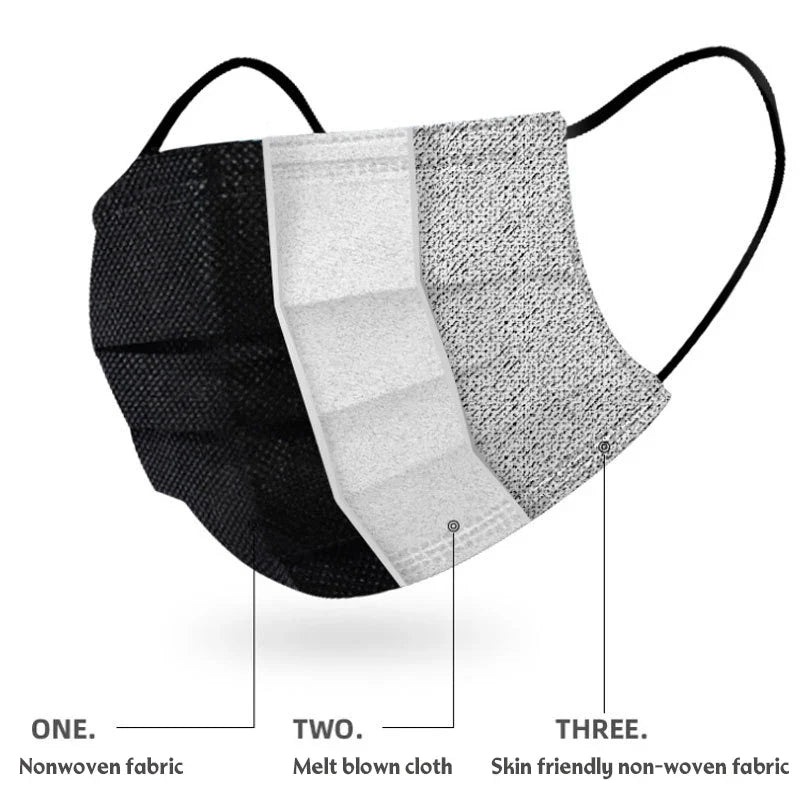 3 Layer Disposable Face Masks – Anti-Dust Protective Masks with Melt Blown Cloth, Earloops, Black Mascarillas