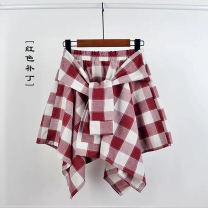 TOTRUST Women’s Fashion Asymmetrical Summer Plaid Mini Skirt – Casual College Style Fake Shirt Design