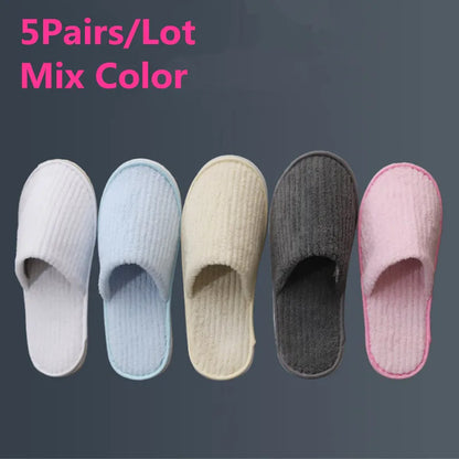 5 Pairs Mix Color Disposable Hotel Slippers – Cotton Non-Slip Slides for Men & Women Home, Travel, SPA & Hospitality Use