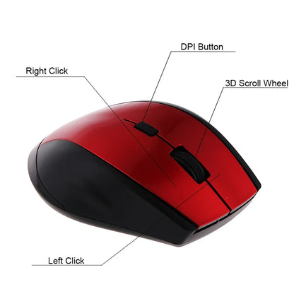 2.4GHz Wireless Optical Gaming Mouse - 1200DPI, 6 Keys, USB Receiver Included, Compatible with Laptops