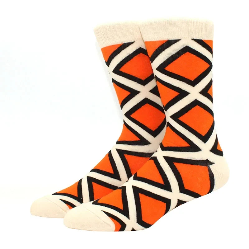 Men’s Funny Argyle Diamond Pattern Cotton Socks – Large Size 3D Geometric Crew Tube Socks, Combed Cotton Casual Novelty Socks