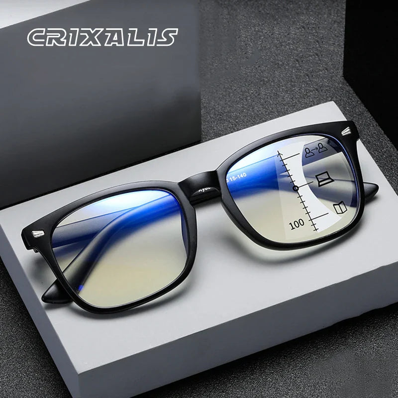 CRIXALIS Square Multifocal Progressive Reading Glasses Anti-Glare UV400 Fashion Computer Eyewear for Men & Women with Diopter Support