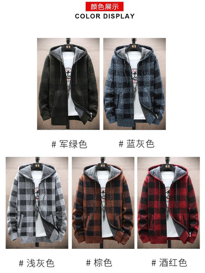 Men's Winter Plaid Hooded Cardigan – Warm Wool Fleece Zipper Jacket Knit Sweater Coat
