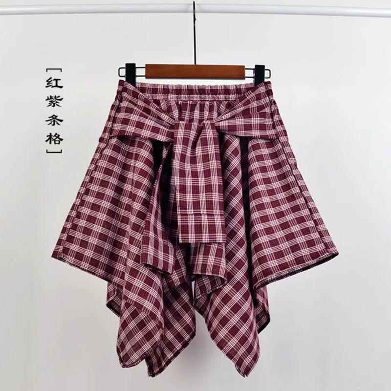 TOTRUST Women’s Fashion Asymmetrical Summer Plaid Mini Skirt – Casual College Style Fake Shirt Design