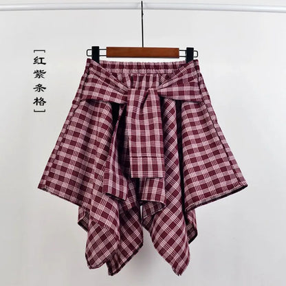 TOTRUST Women’s Fashion Asymmetrical Summer Plaid Mini Skirt – Casual College Style Fake Shirt Design