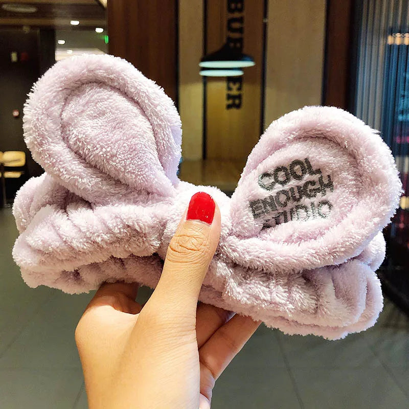 Soft Coral Fleece Bow Headband – Wash Face Hair Holder with Animal Ears for Women & Girls