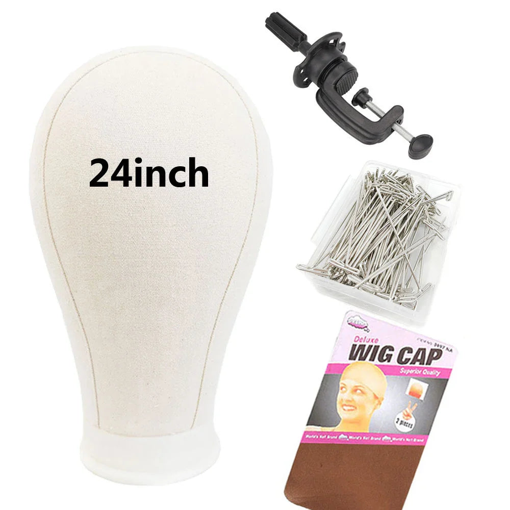 Canvas Wig Head Stand – 21-24 Inch Mannequin for Hairstyling, Wig Display & Making with Support Holder
