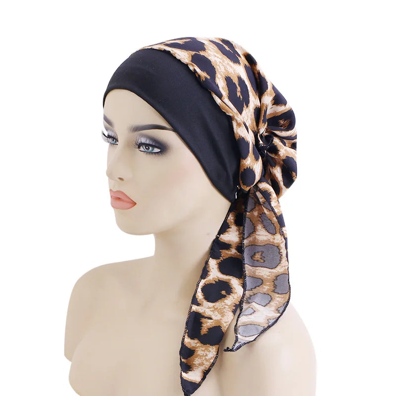 Women’s Pre-Tied Turban Cap – Muslim Hijab & Chemo Hair Loss Head Scarf with Flower Print Stretch Bandana