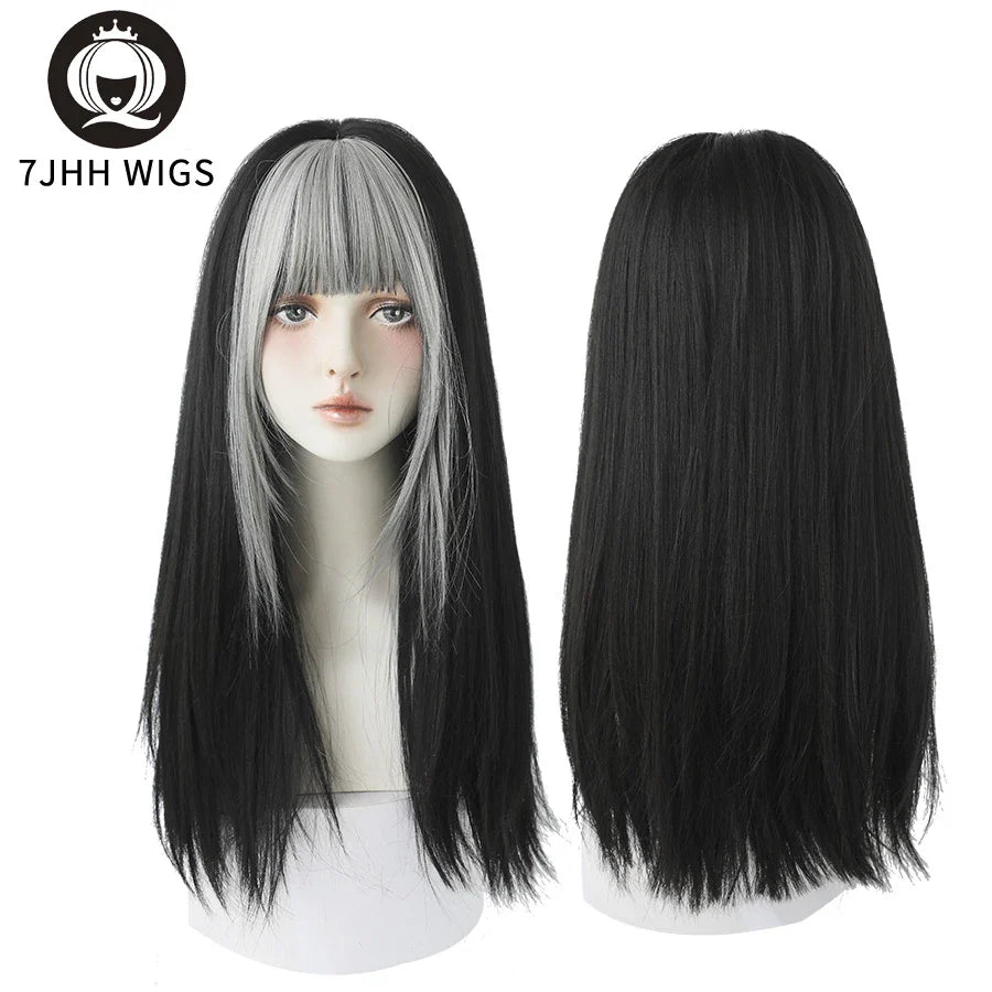 7JHHWIGS Long Straight Light Brown Synthetic Wig with Bangs – Heat-Resistant Daily Wear Wig for Women