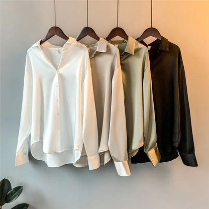 Elegant Satin Women’s Shirt — Loose Vintage Blouse with Turn-Down Collar for Spring & Autumn