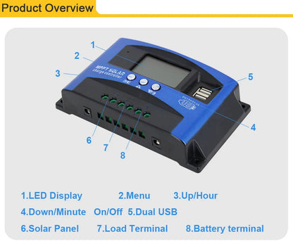 MPPT Solar Charge Controller — 30A-100A Dual USB LCD Regulator for 12V/24V Solar Panels with Load Control