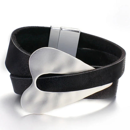 ALLYES Black Leather Bracelet for Men & Women - Fashion 2024 Magnetic Buckle with Heart Charm, Wide Wrap Jewelry
