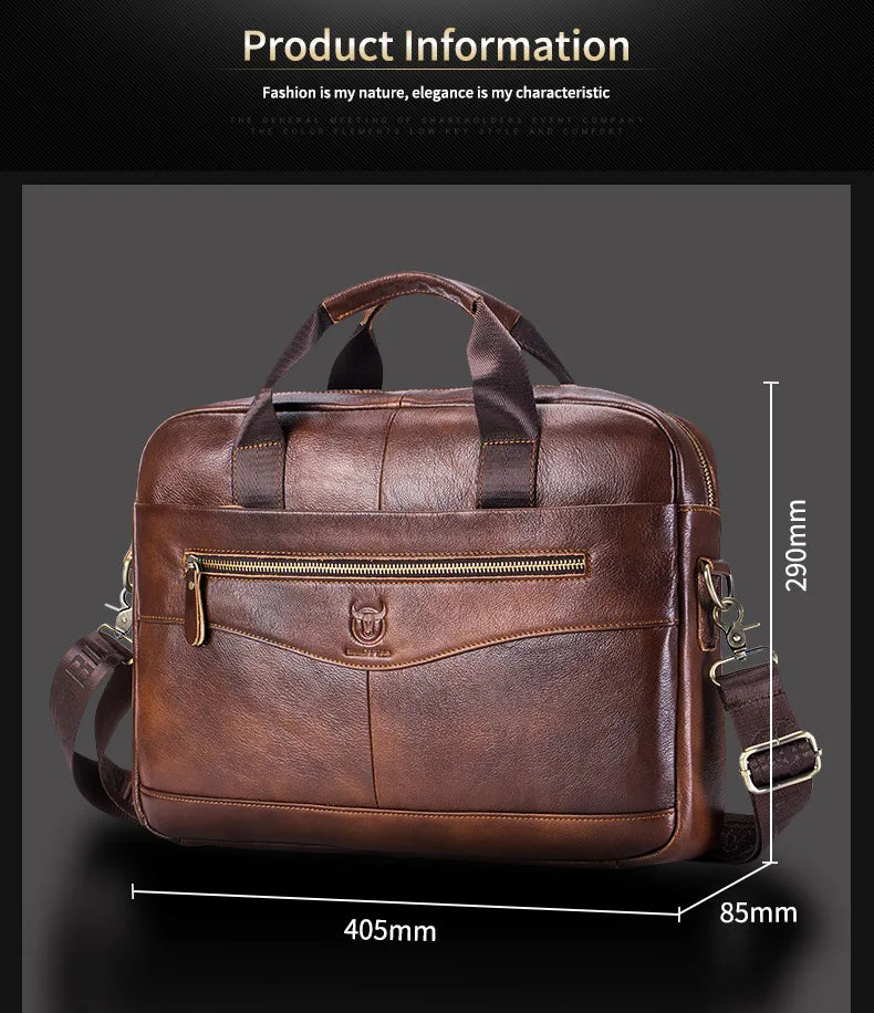 BULLCAPTAIN Men's Genuine Leather Briefcase – 14-Inch Laptop Shoulder Messenger Bag for Business & Office
