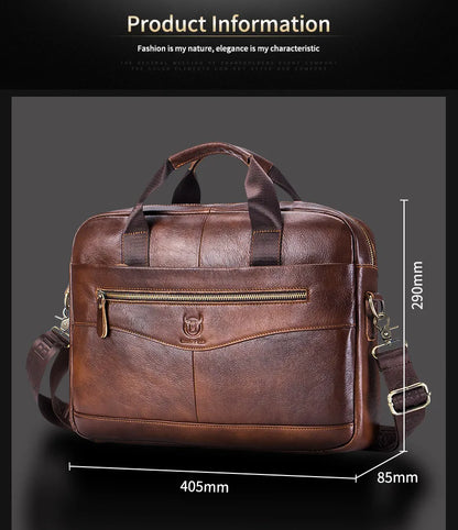 BULLCAPTAIN Men's Genuine Leather Briefcase – 14-Inch Laptop Shoulder Messenger Bag for Business & Office