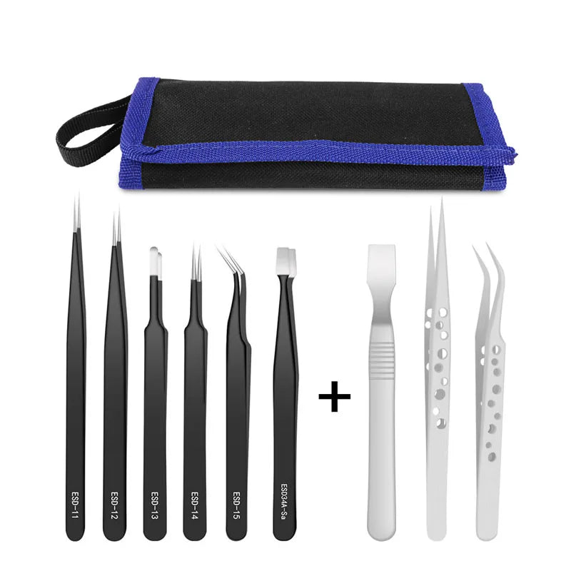 9Pcs Stainless Steel Anti-Static Precision Tweezers Set – Electronic & Mobile Phone Repair Hand Tools Kit