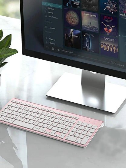 Wireless AZERTY Keyboard 2.4G USB — Ultra-Thin, Silent, Ergonomic French Keyboard for PC & Laptop, Pink/Grey/Silver