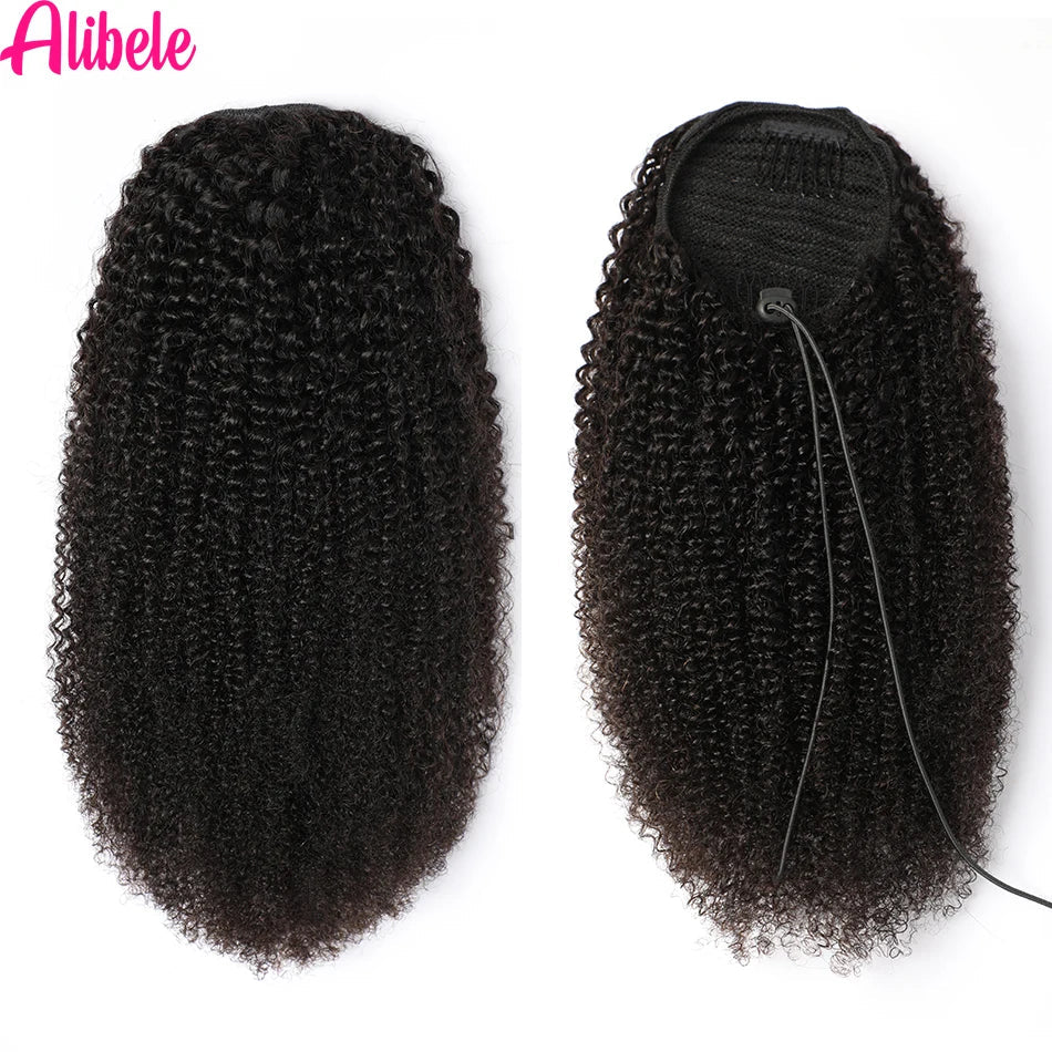 Alibele Mongolian Afro Kinky Curly Drawstring Ponytail – 4B/4C Remy Human Hair Extensions 10-28 Inch Clip-In